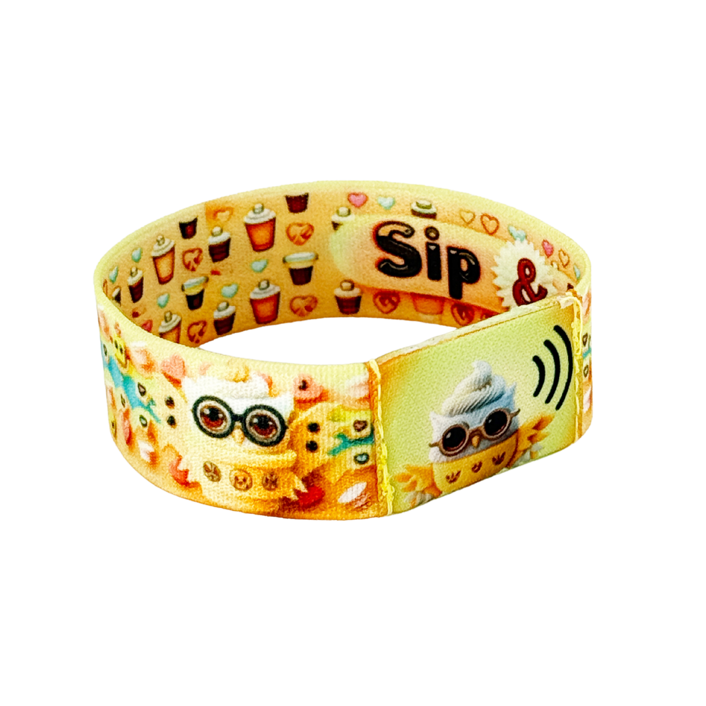 Lay the band flat on a neutral background and frame a close-up of the front patch, making sure “Drop & Sip” text and the cup-owl graphic are sharply in focus.