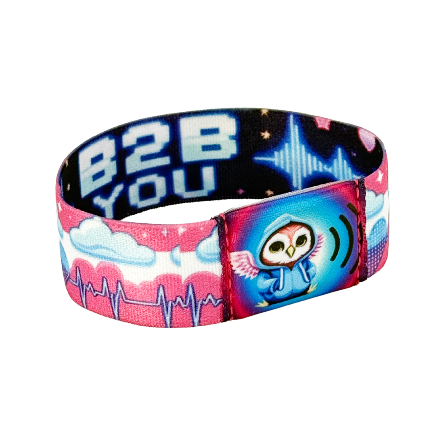 Static photo of the wristband’s back, featuring white “B2B YOU” pixel lettering centered on a navy background, flanked by small star and waveform graphics.