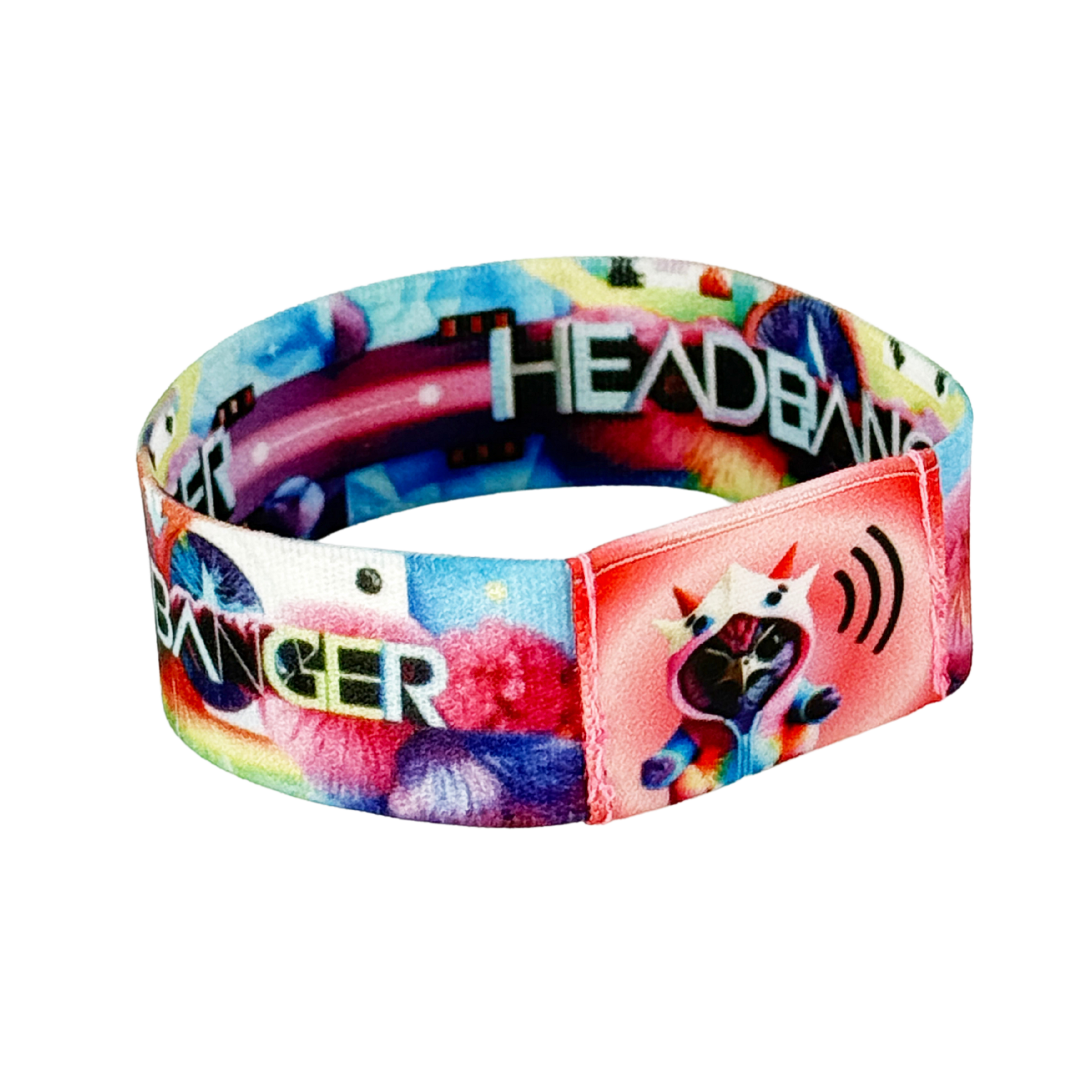 Static photo of the wristband’s front, showing the square pink NFC tag with a unicorn-hoodie owl, set against a multicolor tie-dye background and ‘HEADBANGER’ lettering peeking at the edges.