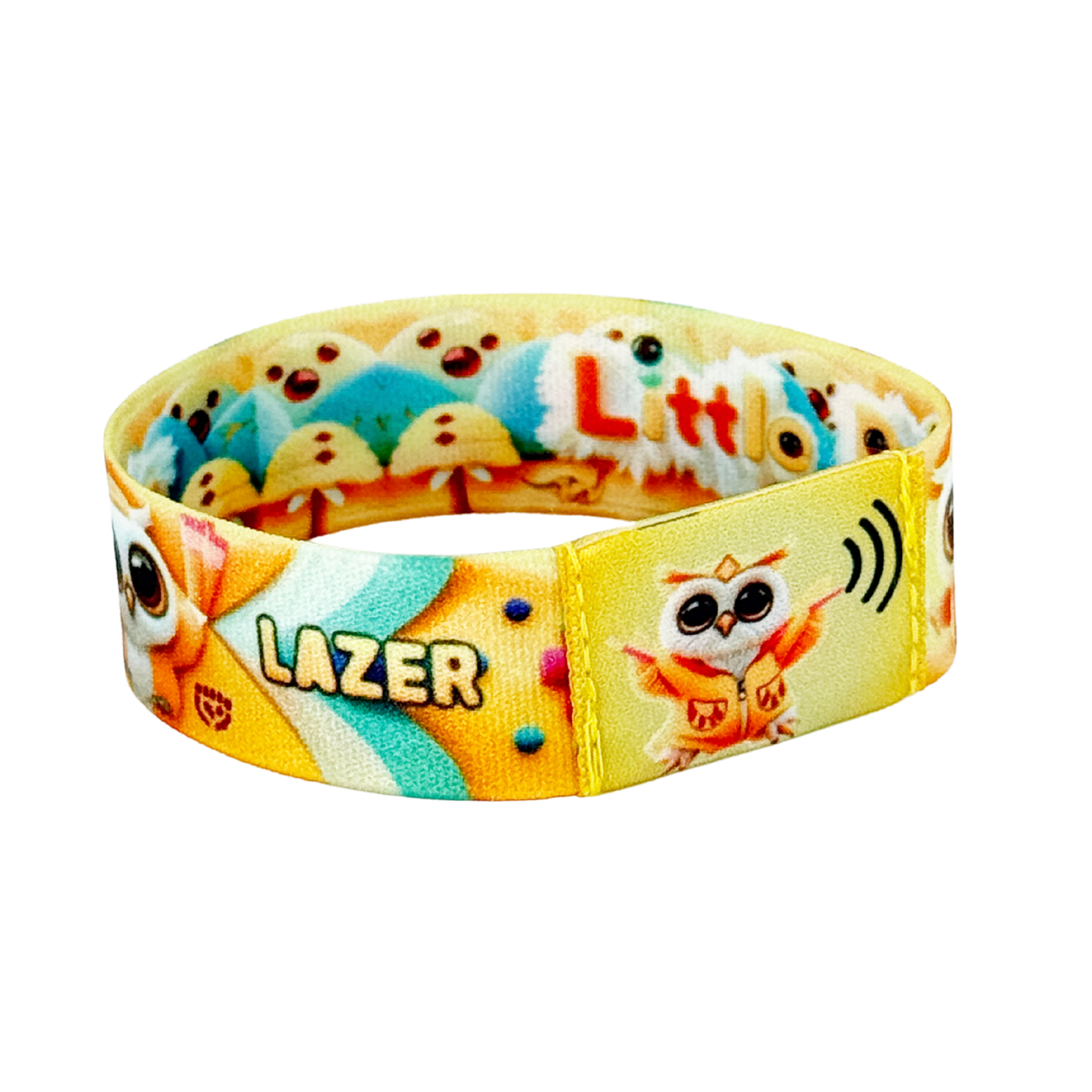 Static photo of the wristband’s front, displaying the square green NFC tag with a teal-hooded owl icon, framed by a vibrant print of pom-poms, palms, and confetti on a green band.