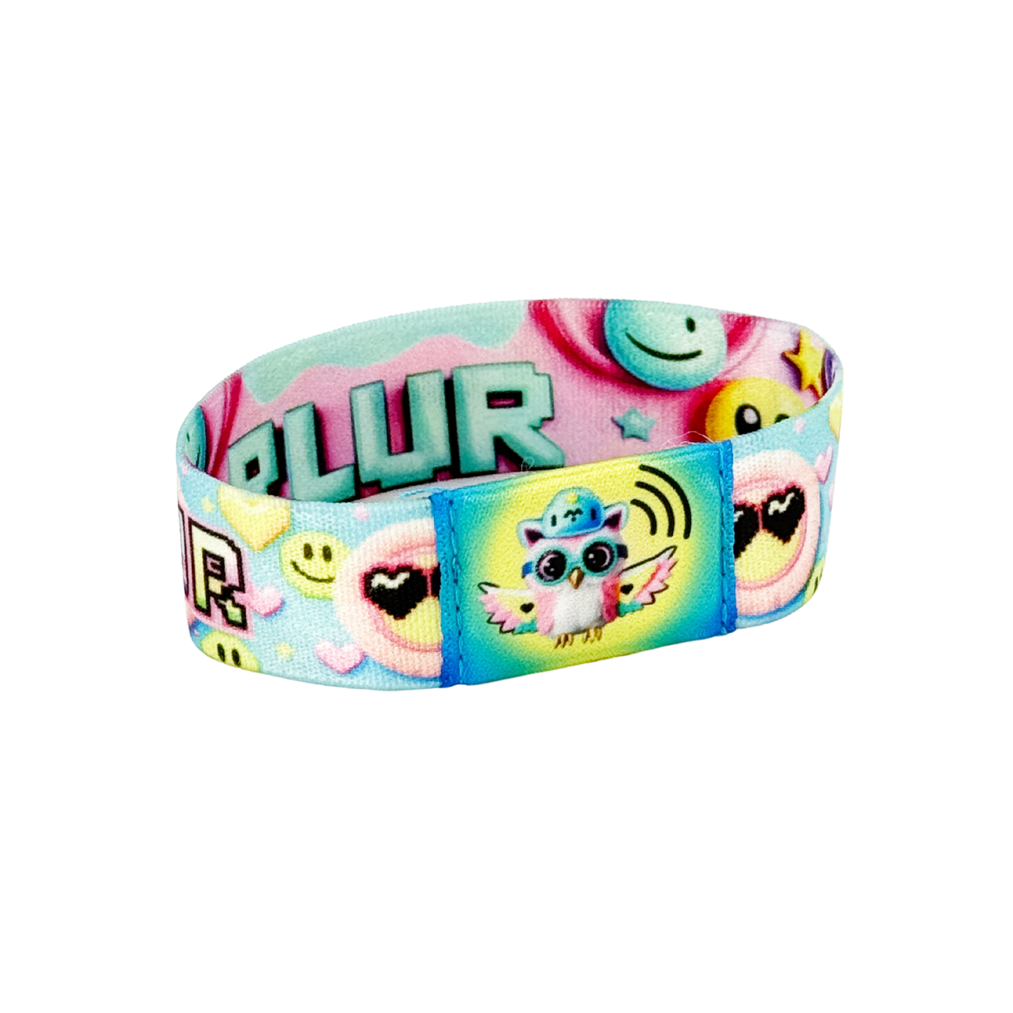 Static photo of the wristband’s back, featuring large mint-green “PLUR” text in block pixel font across a pink gradient band dotted with pastel hearts and smiley-face icons.